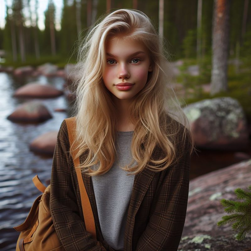 Tekoälyllä luotu kuva suomalaisesta teinitytöstä. Tytöllä on pitkät vaaleat hiukset ja reppu olalla.